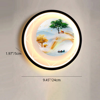 Round Landscape Painting Iron Acrylic LED Wall Sconce Lamp