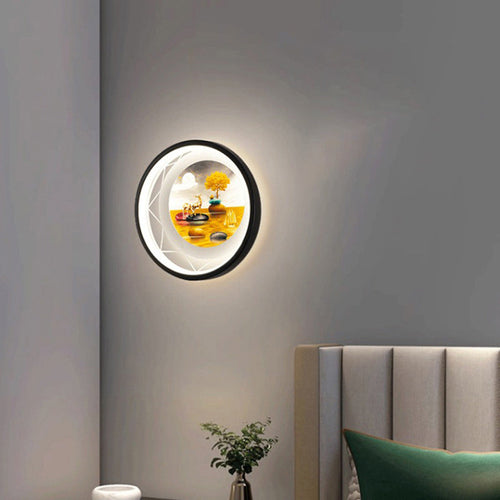 Round Landscape Painting Iron Acrylic LED Wall Sconce Lamp