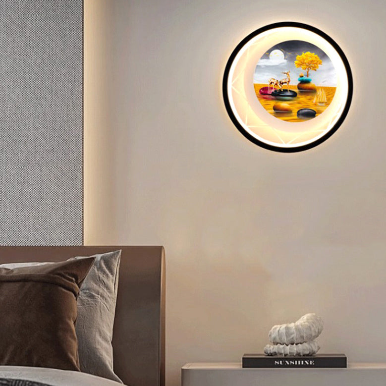 Round Landscape Painting Iron Acrylic LED Wall Sconce Lamp