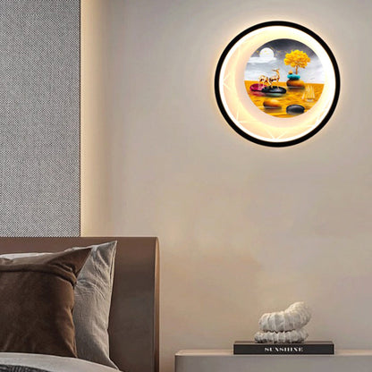 Round Landscape Painting Iron Acrylic LED Wall Sconce Lamp