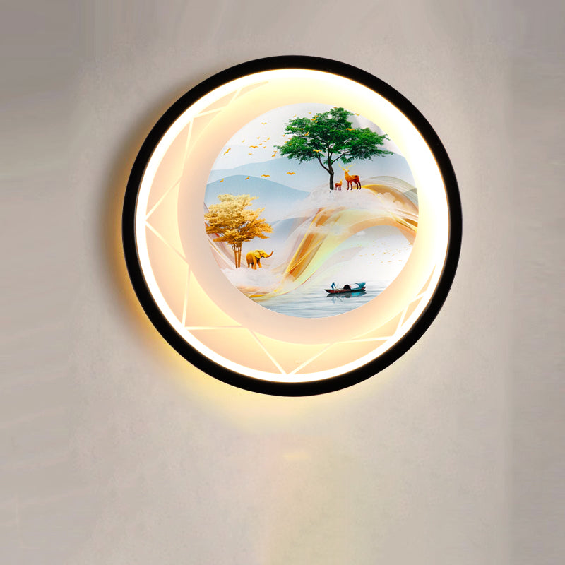 Round Landscape Painting Iron Acrylic LED Wall Sconce Lamp