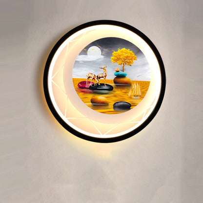 Round Landscape Painting Iron Acrylic LED Wall Sconce Lamp
