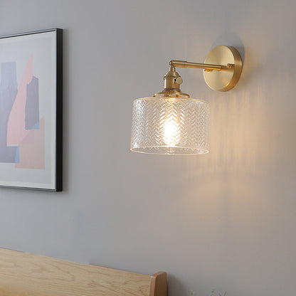 Cylinder Disc Base Brass Glass 1-Light Wall Sconce Lamp