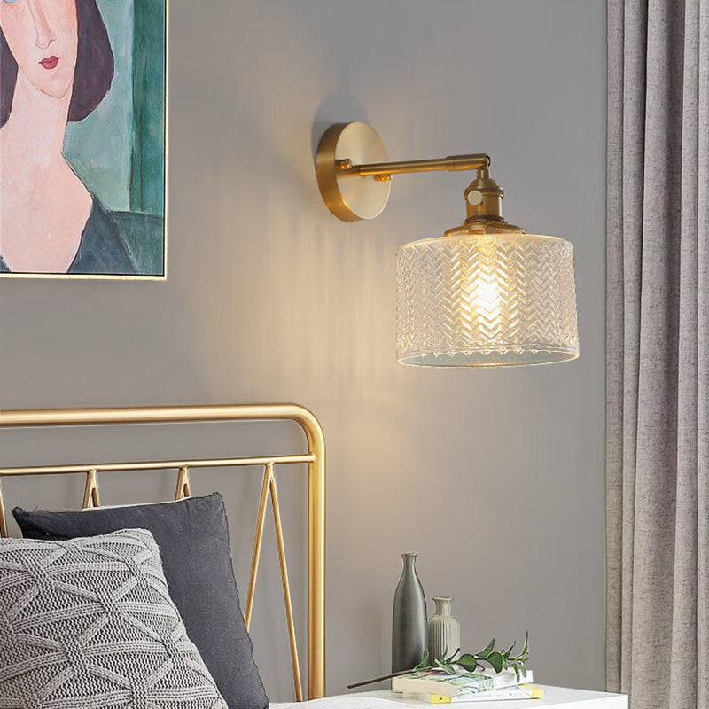 Cylinder Disc Base Brass Glass 1-Light Wall Sconce Lamp
