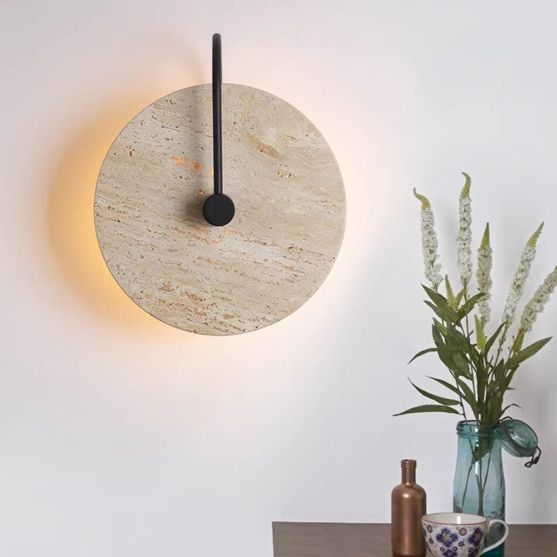Round Yellow Travertine Iron 1-Light Wall Sconce Lamp