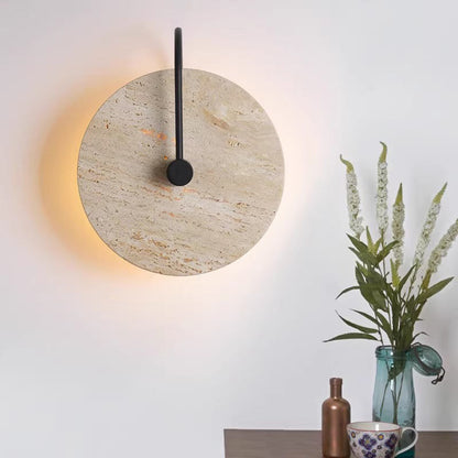 Round Yellow Travertine Iron 1-Light Wall Sconce Lamp