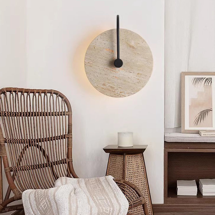 Round Yellow Travertine Iron 1-Light Wall Sconce Lamp