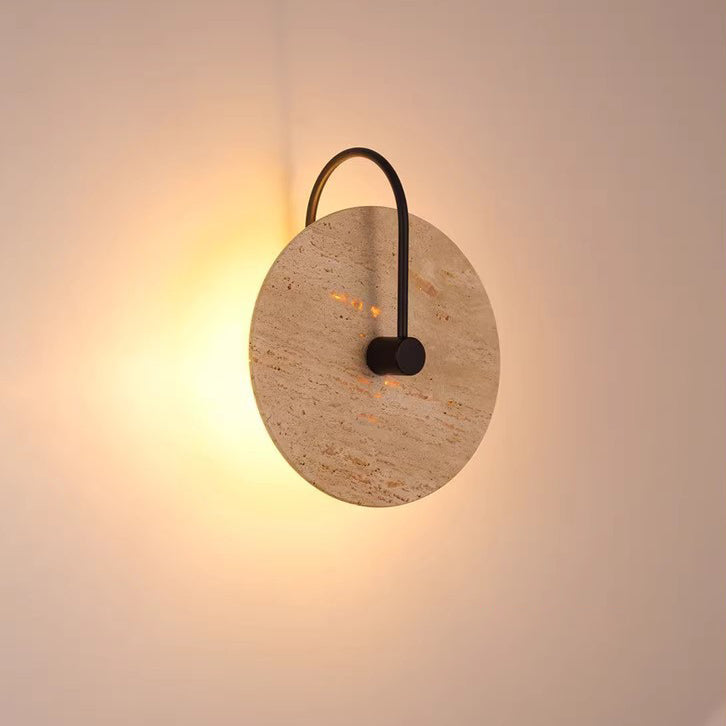 Round Yellow Travertine Iron 1-Light Wall Sconce Lamp