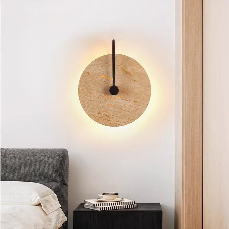 Round Yellow Travertine Iron 1-Light Wall Sconce Lamp