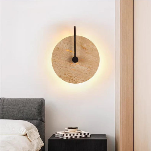 Round Yellow Travertine Iron 1-Light Wall Sconce Lamp