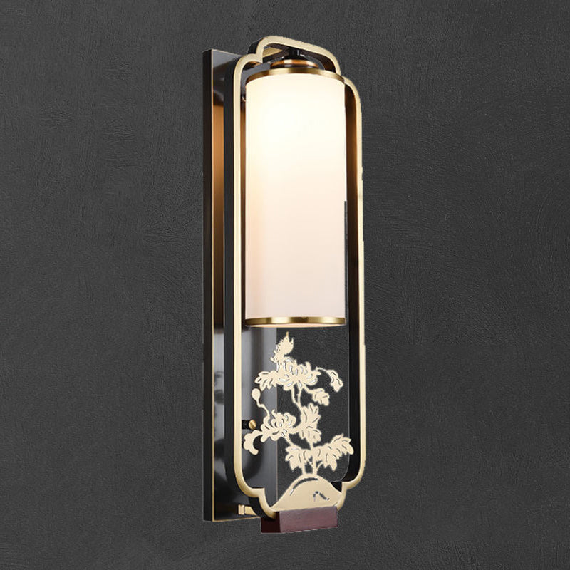 Chinese Chrysanthemum Iron Glass 1-Light Wall Sconce Lamp