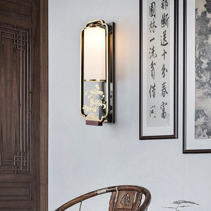 Chinese Chrysanthemum Iron Glass 1-Light Wall Sconce Lamp