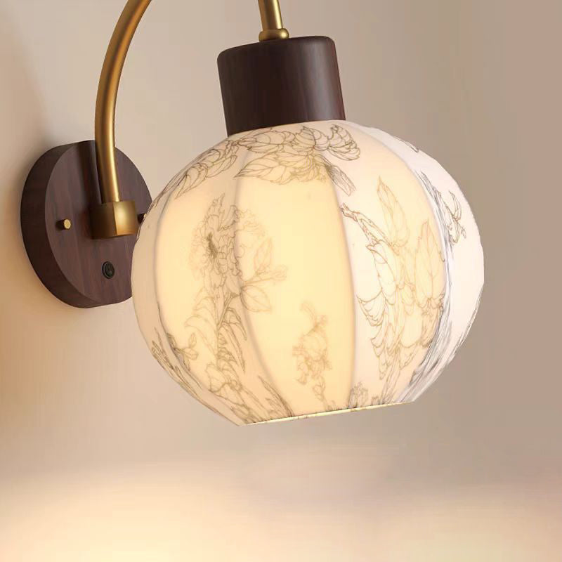 Spherical Iron Wooden Fabric 1-Light Wall Sconce Lamp