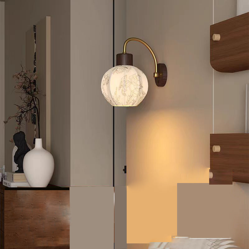 Spherical Iron Wooden Fabric 1-Light Wall Sconce Lamp