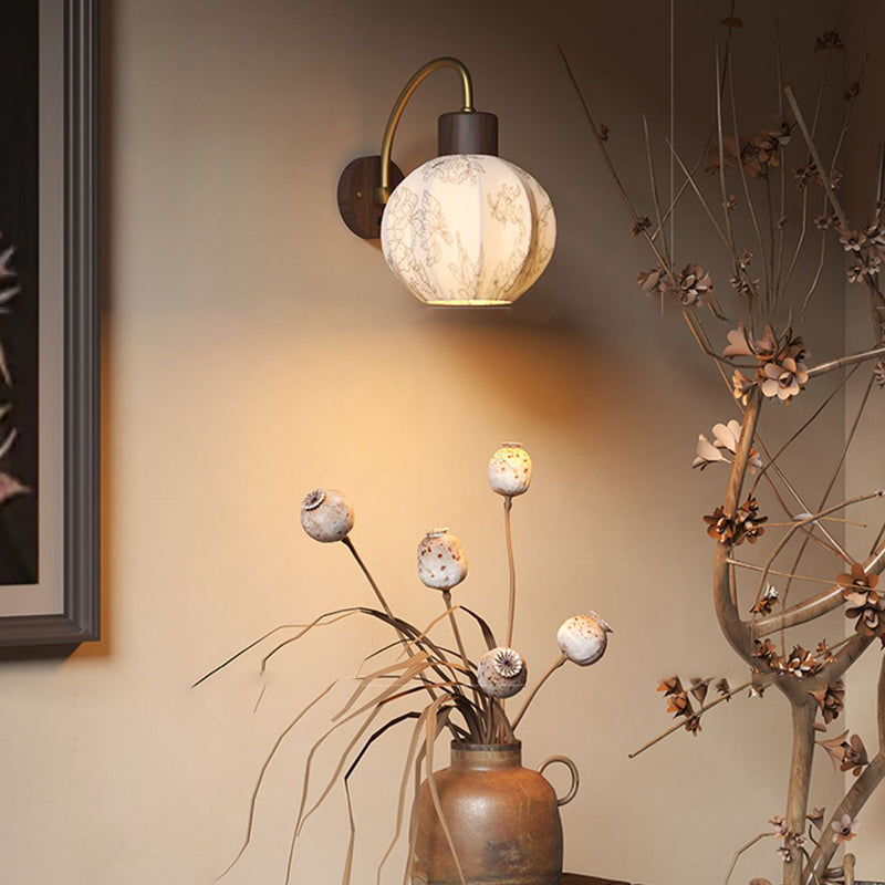 Spherical Iron Wooden Fabric 1-Light Wall Sconce Lamp