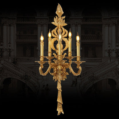 European Antique Brass Candlestick 5-Light Wall Sconce Lamp