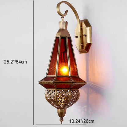 Deco Carved Brass Red Glass Shade 1-Light Wall Sconce Lamp