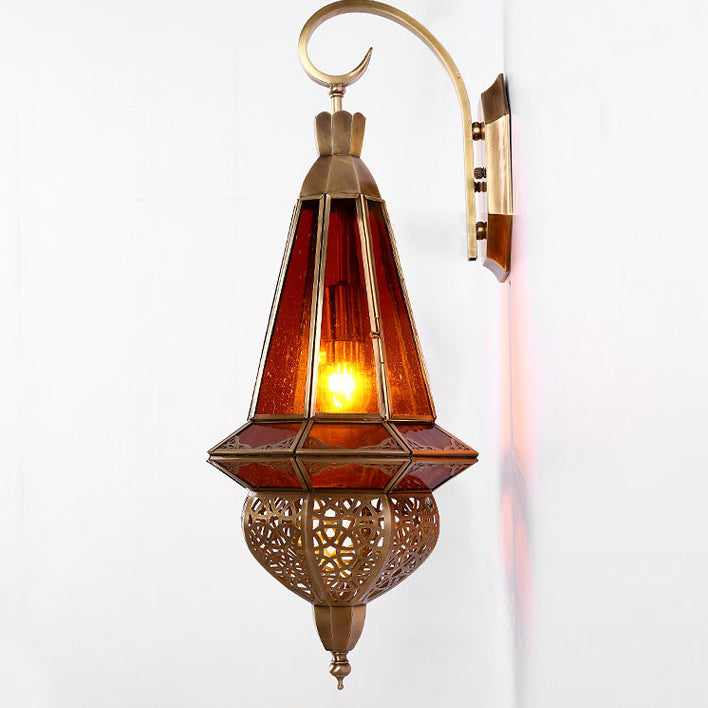 Deco Carved Brass Red Glass Shade 1-Light Wall Sconce Lamp