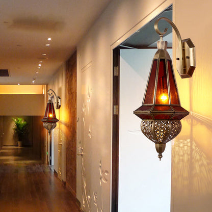 Deco Carved Brass Red Glass Shade 1-Light Wall Sconce Lamp