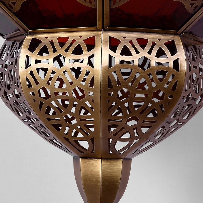 Deco Carved Brass Red Glass Shade 1-Light Wall Sconce Lamp