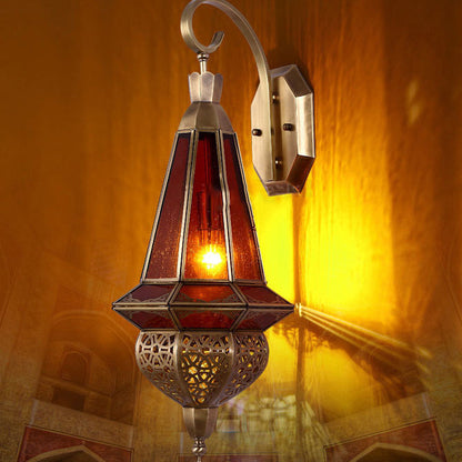 Deco Carved Brass Red Glass Shade 1-Light Wall Sconce Lamp