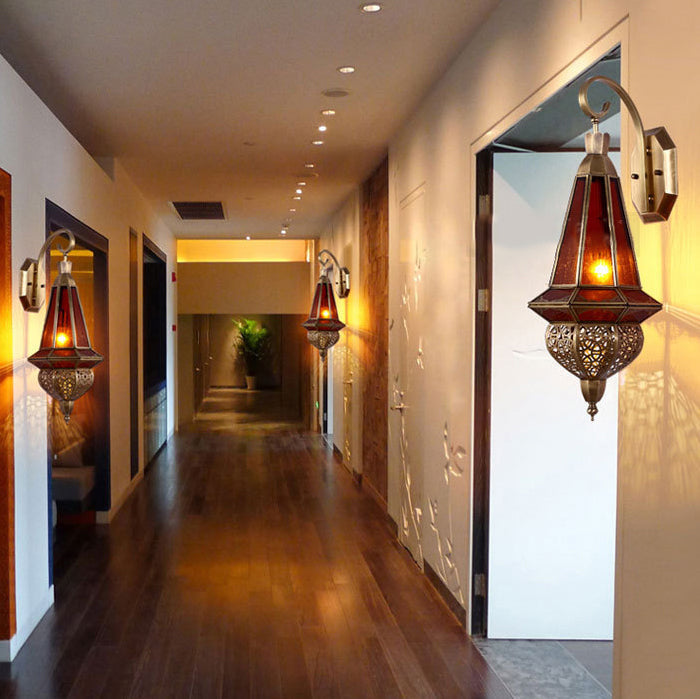 Deco Carved Brass Red Glass Shade 1-Light Wall Sconce Lamp