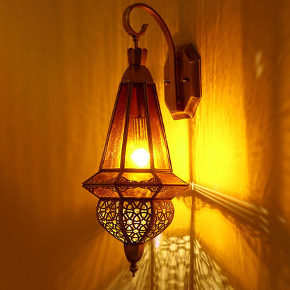 Deco Carved Brass Red Glass Shade 1-Light Wall Sconce Lamp