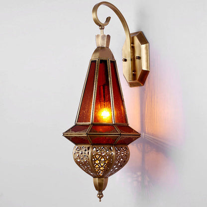 Deco Carved Brass Red Glass Shade 1-Light Wall Sconce Lamp