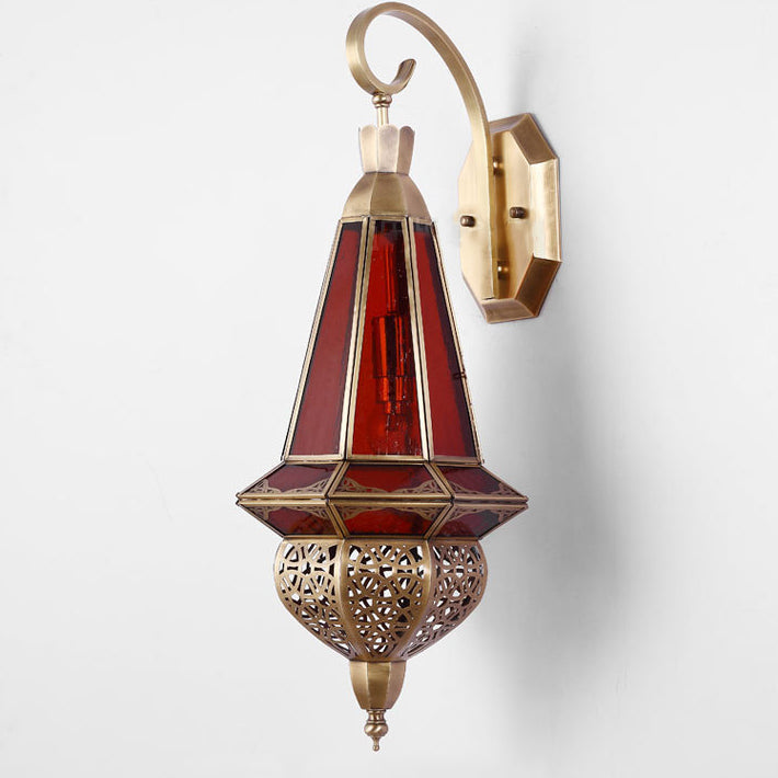 Deco Carved Brass Red Glass Shade 1-Light Wall Sconce Lamp