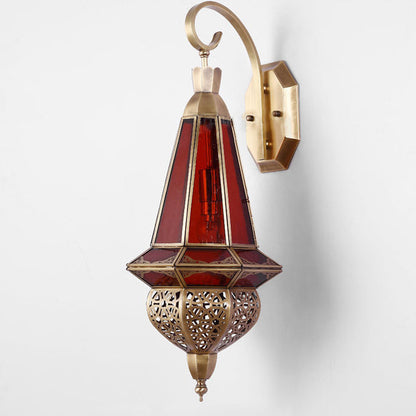 Deco Carved Brass Red Glass Shade 1-Light Wall Sconce Lamp