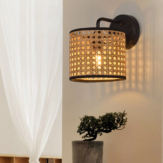 Boho Cylindrical Hand-Woven Rattan 1-Light Wall Sconce Lamp
