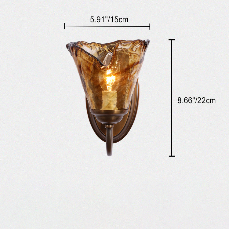 Amber Flower Glass Shade Copper 1-Light Wall Sconce Lamp