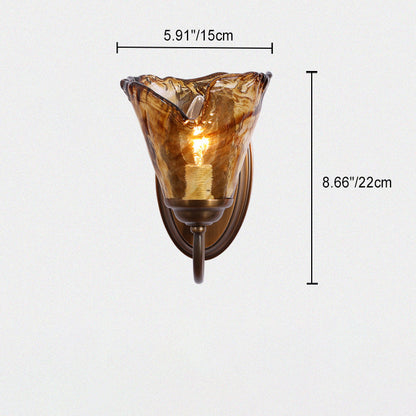 Amber Flower Glass Shade Copper 1-Light Wall Sconce Lamp