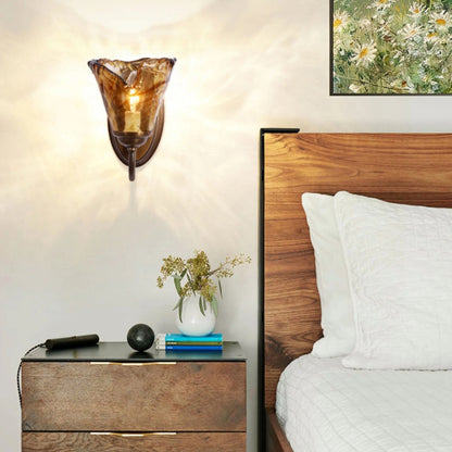 Amber Flower Glass Shade Copper 1-Light Wall Sconce Lamp