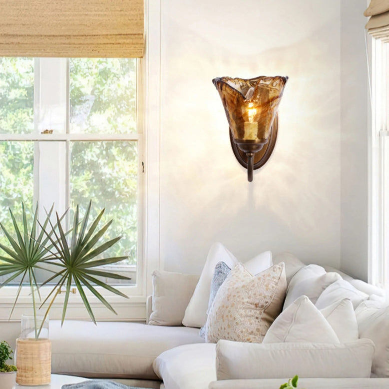 Amber Flower Glass Shade Copper 1-Light Wall Sconce Lamp
