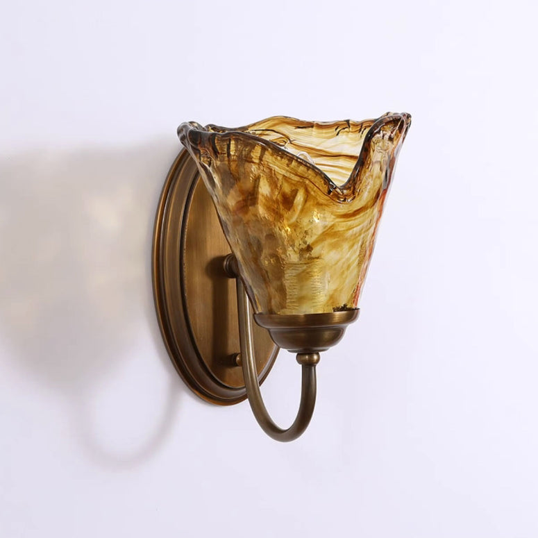 Amber Flower Glass Shade Copper 1-Light Wall Sconce Lamp