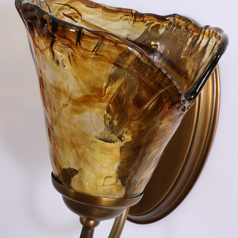 Amber Flower Glass Shade Copper 1-Light Wall Sconce Lamp