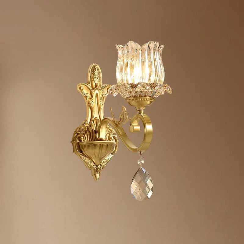 Gold-Finished Floral Glass Shade 1-Light Wall Sconce Lamp