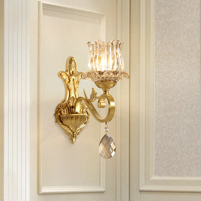 Gold-Finished Floral Glass Shade 1-Light Wall Sconce Lamp