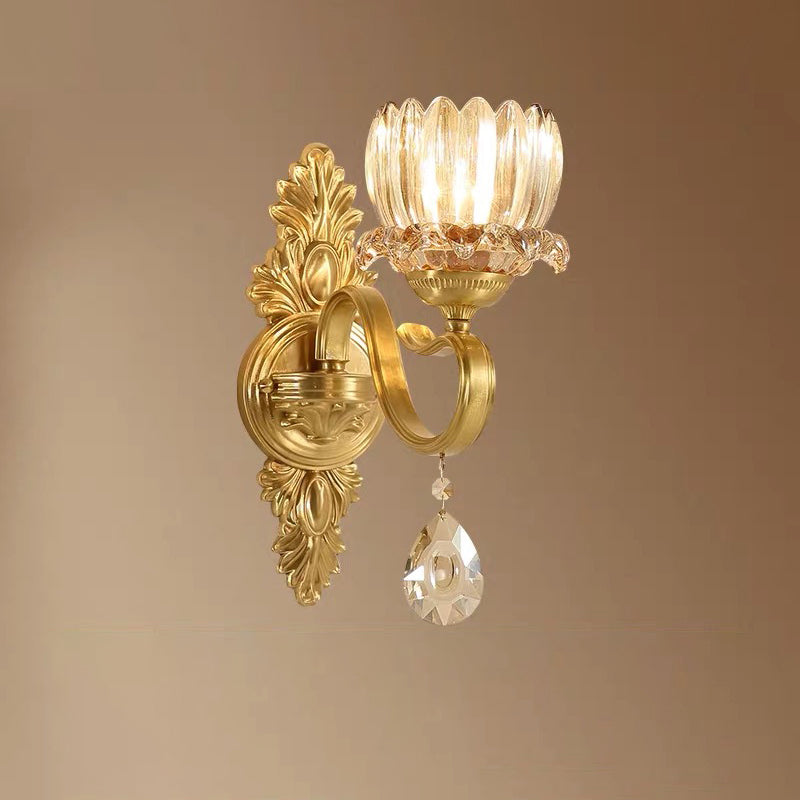 Gold-Finished Floral Glass Shade 1-Light Wall Sconce Lamp