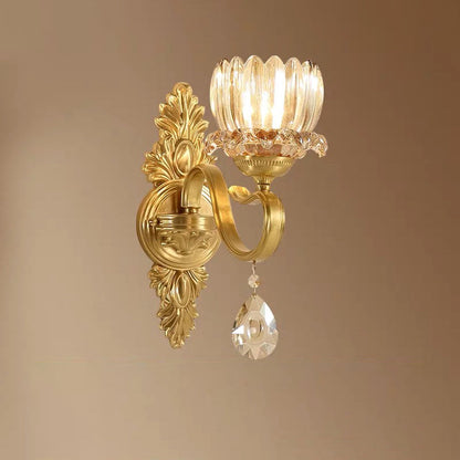 Gold-Finished Floral Glass Shade 1-Light Wall Sconce Lamp