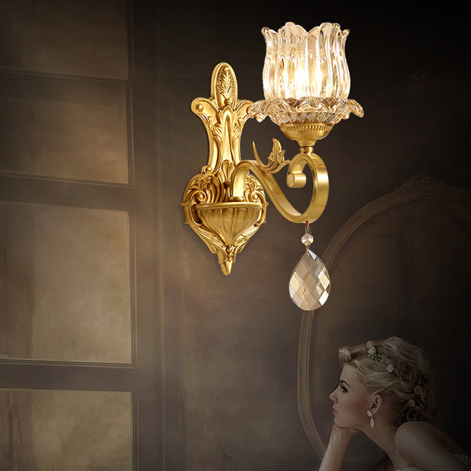 Gold-Finished Floral Glass Shade 1-Light Wall Sconce Lamp