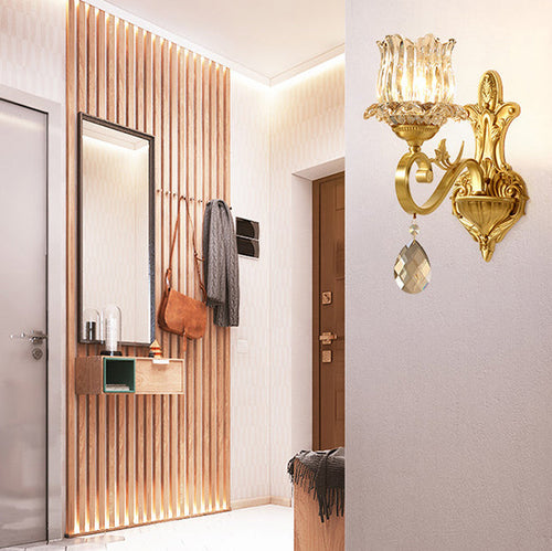 Gold-Finished Floral Glass Shade 1-Light Wall Sconce Lamp