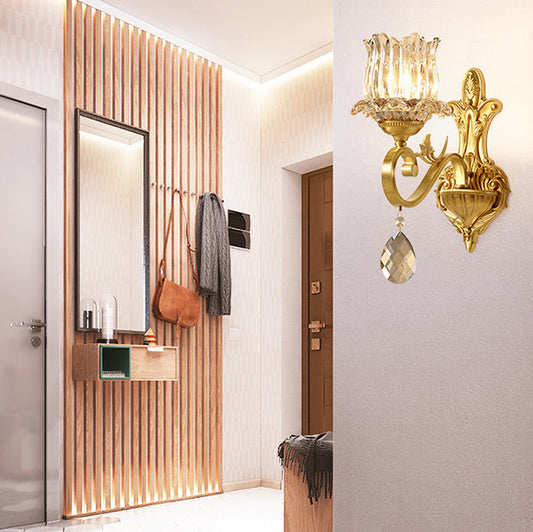 Gold-Finished Floral Glass Shade 1-Light Wall Sconce Lamp