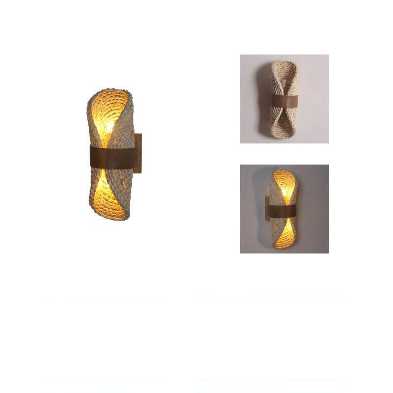 Straw Cattail Hat Shade Solid Wood 1-Light Wall Sconce Lamp