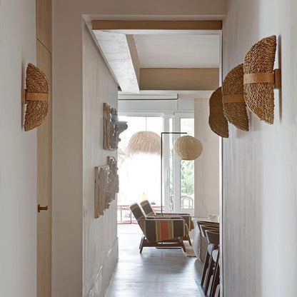 Straw Cattail Hat Shade Solid Wood 1-Light Wall Sconce Lamp