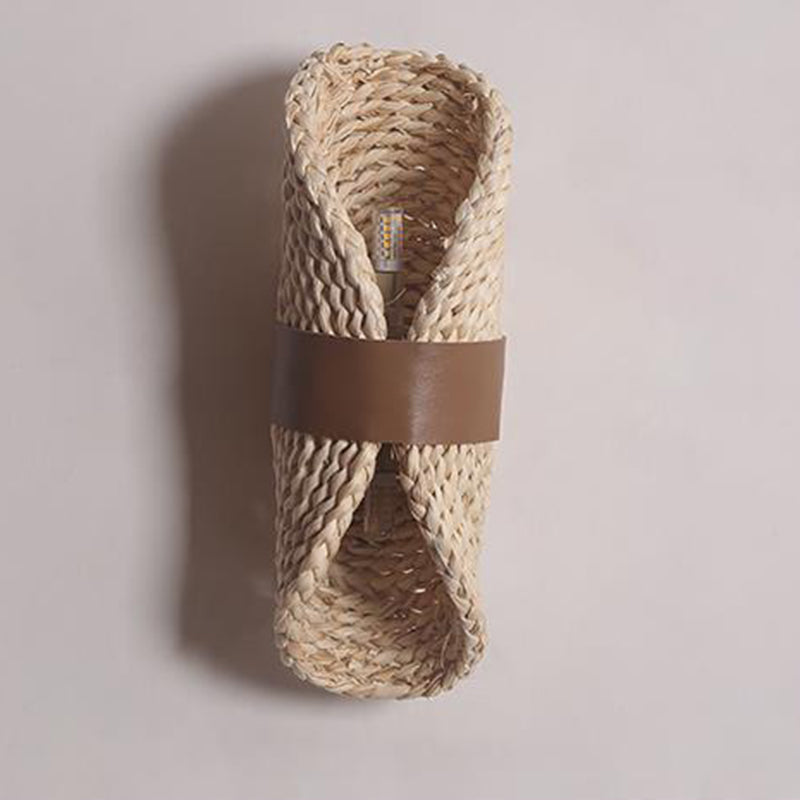Straw Cattail Hat Shade Solid Wood 1-Light Wall Sconce Lamp
