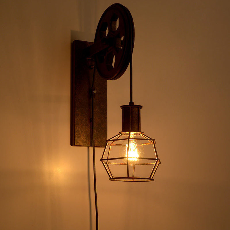 Iron Net Glass 1-Light Pulley Lifting Wall Sconce Lamp