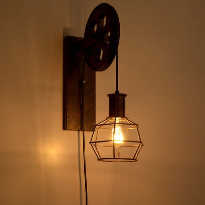 Iron Net Glass 1-Light Pulley Lifting Wall Sconce Lamp
