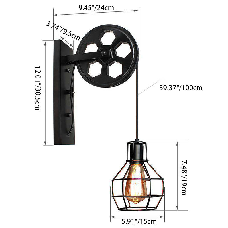 Iron Net Glass 1-Light Pulley Lifting Wall Sconce Lamp
